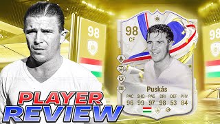 🔥98 GREATS OF THE GAME ICON PUSKAS LVL 35 SEASON OBJ PLAYER REVIEW  EA FC 24 ULTIMATE TEAM [upl. by Laleb]