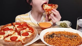 ASMR MUKBANG PEPPERONI PIZZA amp SPICY NOODLES [upl. by Rizas817]