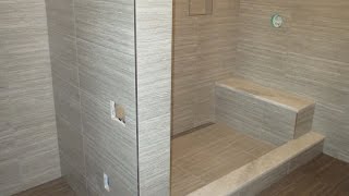 Start to finish Time lapse Schluter bathroom Kerdiline linear drain Ditra heat large format tile [upl. by Pigeon836]