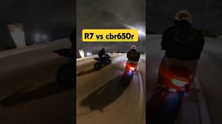 yamaha R7 vs Cbr650r bike motorcycle yamaha 60roll race cbr650r r7 bikelife 1320video [upl. by Aniluap652]