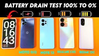 Battery Drain Test Moto G13 vs Redmi note 12 vs Realme C55 vs Redmi 12C 100 to 0 [upl. by Ecirp]