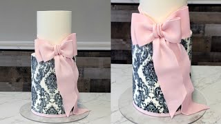 Baroque Scroll Stencil Cake with Trending Edible Flexible Flower Paste Bow Cake Decorating Tutorial [upl. by Darryl]