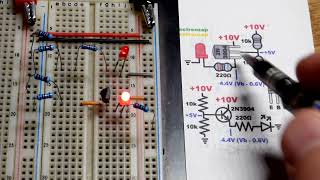 Voltage divider amplified with NPN BJT emitter follower to power an LED [upl. by Emmeram]