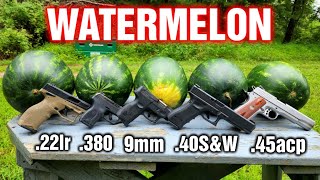 Pistols VS Watermelons 22lr 380 9mm 40SampW 45ACP Comparison [upl. by Htebazila469]