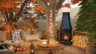 Autumn Cozy Ambience on Treehouse Porch with Falling Leaves Birdsong Fireplace and Fall Vibes [upl. by Llerraj]