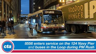 CTA Buses in the Loop  8556 First Day of Service on the 124 Navy Pier PM Rush Hour  102623 [upl. by Lorin]