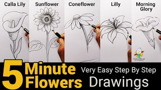 How To Draw 5 Flowers in Five Minute  Very Easy amp Simple Drawing Step By Step  Art Video [upl. by Nennahs]