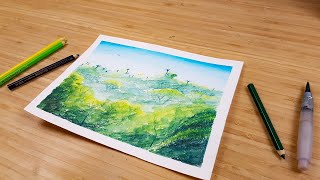 How to use watercolor pencils  landscape painting tutorial [upl. by Kcired]