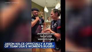 Jason Kelce recruited by rugby star Ilona Maher as the US Olympic womens teams super fan [upl. by Yug]