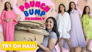 Maternity Fashion Try On Haul Mid size paunch and baby bump friendly outfit ideas  Aanam C [upl. by Naloj876]