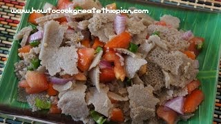 Ethiopian Food  Timatim Fitfit Recipe Injera Vegan Amharic English Fit tomatoes [upl. by Yduj]