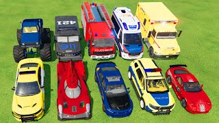 TRANSPORTING CARS AMBULANCE POLICE CARS FIRE TRUCK MONSTER TRUCK OF COLORS WITH TRUCKS  FS 22 [upl. by Brigitte]