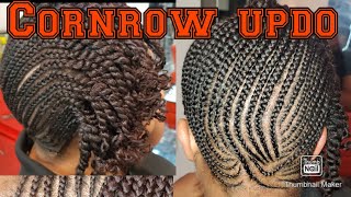 Perfect Natural hair Cornrow Braids protective style updo with two strand twist rod set curls [upl. by Fanchan]