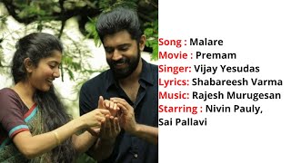 Malare  Lyrics With English Translation  Premam  Vijay Yesudas  Nivin Pauly  Sai Pallavi [upl. by Nnylrats]