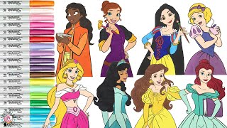 Disney Princess Color Swap Coloring Book Compilation Tiana Rapuznel Anna Ariel Belle Jasmine Snow [upl. by Anauqahc]