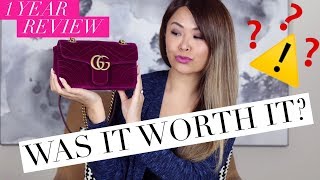 GUCCI MARMONT BAG  1 YEAR WEAR amp TEAR REVIEW  WHAT FITS INSIDE [upl. by Lesirg]