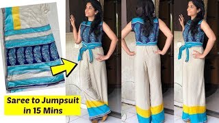 Make a Jumpsuit from Old Saree in 15 Minutes  Recycle Old Sarees  stayathome DIY [upl. by Martine117]