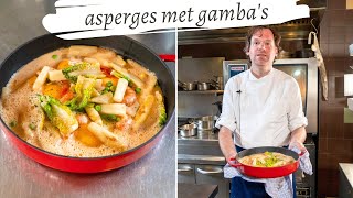 Koken met Rik de Jonge Asperges met gambas en gebakken ei [upl. by Ecnarepmet631]