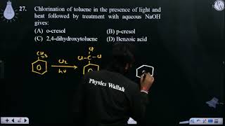 Chlorination of toluene in the presence of light and heat followed by treatment with aqueous NaO [upl. by Anawad]