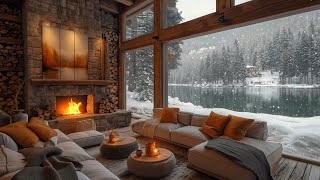 Soothing Jazz Music in A Cozy Living Room Space ❄️ Snowy Scene and Fireplace Sound for Relaxation [upl. by Nocaed115]