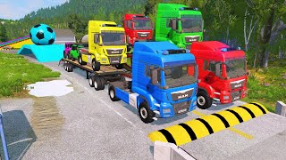 Double Flatbed Trailer Truck vs Speedbumps Train vs Cars  Tractor vs Train BeamngDrive 09 [upl. by Adnolrehs]