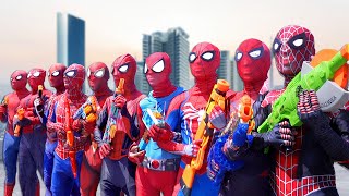 What If 10 SPIDERMAN in 1 HOUSE   Hey All SuperHero  Go To Battle Nerf Gun Game [upl. by Boonie195]