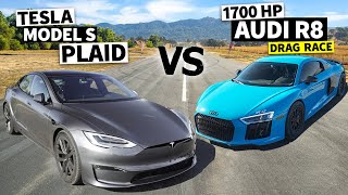 THIS vs PLAID 1700hp Twin Turbo V10 Audi R8 vs Tesla Model S Plaid unprepped airstrip Drag Race [upl. by Baptista]