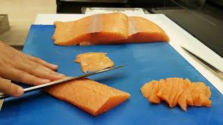 How to cut salmon sashimi sushi  Sashimi Cutting Technique  How to slice salmon for sushi [upl. by Adila28]