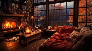 Rainy Autumn Day with Crackling Fireplace in a Cozy Hut Ambience  Relax Sleep or Study [upl. by Nibroc]