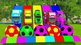 Double Flatbed Trailer Truck vs Speedbumps Train vs Cars Tractor vs Train BeamngDrive [upl. by Noswad194]