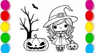 Cute Halloween Girl Drawing for kids Painting amp Coloring for kids amp toddlers Lets Draw Together [upl. by Trebmal]