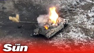 Moment Ukrainian Kamikaze drone crashes into Russian tank blowing it to pieces [upl. by Gildea]