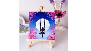 Easy Painting Technique  Alone Girl swinging in the beautiful moonlit night  Painting [upl. by Ttsepmet]