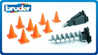 Bruder Toys Accessories Mini Excavators Hyrolic Hammer Auger Pylons 02408 [upl. by Naniac]