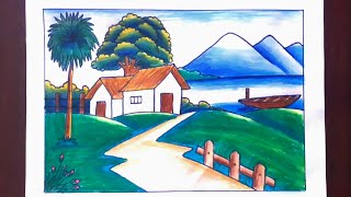 Oil pastel nature scenery drawing  Scenery drawing for beginners  Village scenery drawing [upl. by Ecyak]