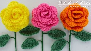 HOW to CROCHET a BEGINNER EASY FLOWER  DIY Rose Rosas Bouquet Flowers Leaf Leaves Stem Tutorial [upl. by Fondea184]