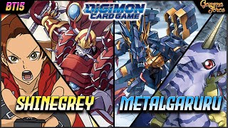 Shinegreymon 🟨🟥 vs MetalGarurumon 🟦🟪  BT15  Digimon TCG [upl. by Teodoro]