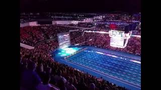 US Swimming fans instantly unite to sing the National Anthem when the singers microphone fails [upl. by Willamina]