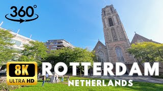 Statue of Erasmus and Grote of SintLaurenskerk Rotterdam in Netherlands 8K Video 360° VR [upl. by Anawk]