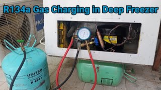 gas charge in deep freezerR134a gas charging in deep freezerdeep freezer main gas kesay charge kar [upl. by Ahsineb974]