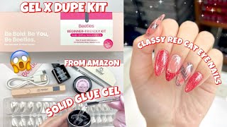 TRYING BEETLES NEW NAIL TIPS amp SOLID GLUE GEL KIT FROM AMAZON  GEL X DUPE KIT  RED CAT EYE NAILS [upl. by Ongineb498]