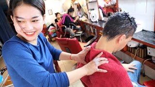 ASMR Strong head and neck massage by a Cambodian lady barber in Phnom Phen [upl. by Alyakem]