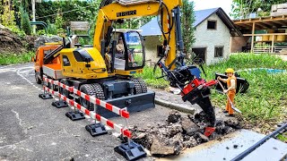 Road repair Liebherr A918 compact RC excavator Rototilt R4 Mercedes sprinter RC scale models [upl. by Joann219]