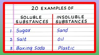 SOLUBLE AND INSOLUBLE SUBSTANCES  5  10  20 EXAMPLES OF SOLUBLE AND INSOLUBLE SUBSTANCES [upl. by Desdee134]