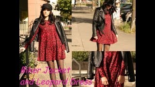 OOTD Black Biker Leather Jacket Leopard print red and black dress amp Officer Cap [upl. by Merete]