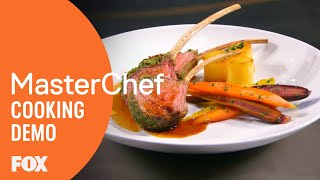 Gordon Demonstrates How To Cook Herb Crusted Rack Of Lamb  MASTERCHEF [upl. by Tahmosh]