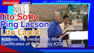 Tito Sotto Ping Lacson Lito Lapid address the media after filing certificates of candidacy COC [upl. by Linnette]