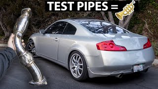 Installing Resonated Test Pipes on my G35 Coupe  Revs and Flybys [upl. by Porett]