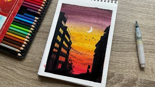 How to use watercolor pencils  sunset landscape painting [upl. by Merritt269]