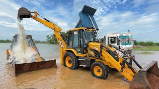 Washing with Fun JCB 3dx Eco  Kirlosker JCB Backhoe and Tata Truck Washing in Village Pond [upl. by Alver271]